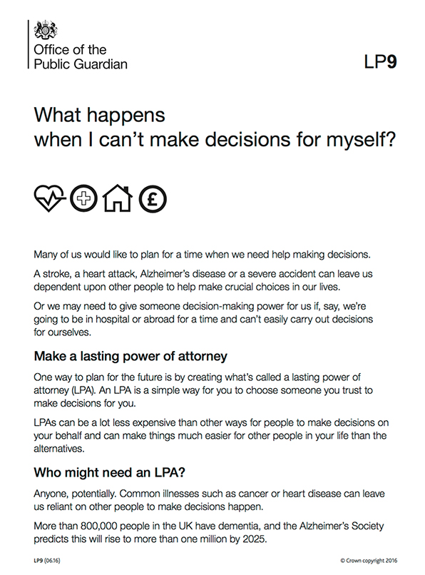 Front page of 'What happens when I can't make decisions for myself?' leaflet