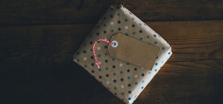 Gift in wrapping paper with a tag