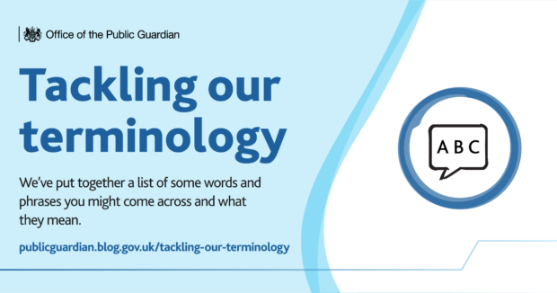 A light blue background with white and blue graphic details. A speech bubble has 'ABC' inside it. Text on the card reads: tackling our terminology - we've put together a list of some words and phrases you might come across and what they mean